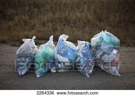 Stock Photograph - Garbage in bags for recycling ready for pick up by side of road; kelowna british columbia canada. Fotosearch
