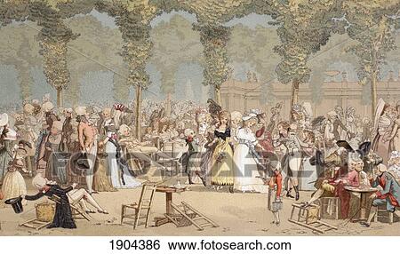 Stock Photograph - Garden On The Palais-Royal, Paris, France In The 18Th Century. From Xviii Siecle Institutions, Usages Et Costumes, Published Paris 1875.. Fotosearch