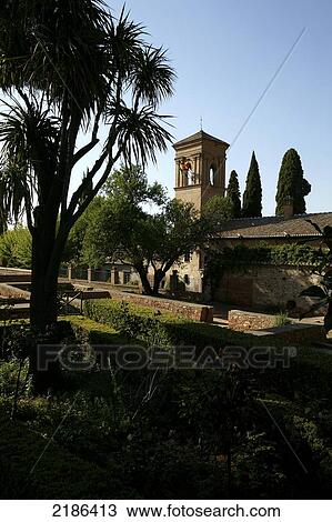 Stock Image - Gardens in the Alhambra Palace, Granada, Andalucia, Spain. Fotosearch