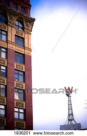 Stock Image - Gastown, Vancouver, British Columbia, Canada; Large W Sign In Historic City District. Fotosearch