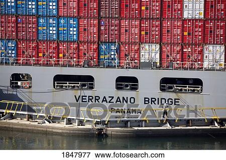 Stock Photo - Gatun Locks, Panama Canal, Panama, Central America; Container Ship In Lock. Fotosearch