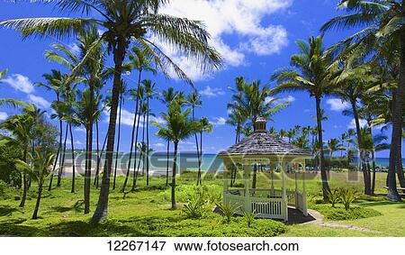 Stock Photo - Gazebo along the beach, Wailua Bay; Wailua, Kauai, Hawaii, United States of America. Fotosearch