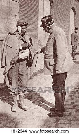 Picture - General Joffre Sympathising With One Of His Wounded Soldiers During World War I. Joseph Jacques Cesaire Joffre, 1852 To 1931. French General, Commander-In-Chief Of The French Army. From The Illustrated War News 1915.. Fotosearch