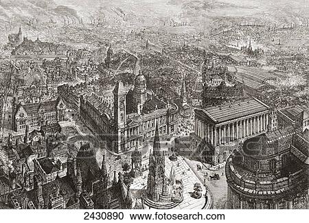 Stock Image - General view of Birmingham, West Midlands, England in the 19th century showing the Council House, Town Hall and Chamberlain Memorial. From Cities of the World, published c. 1893.. Fotosearch