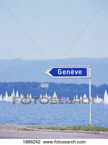 Stock Image - Geneva Road Sign And Bol D'or Sailing Regatta On Lake Leman. Fotosearch