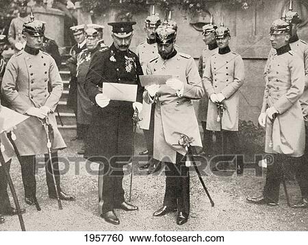 Stock Image - George V Of England (Right) Visiting His Cousin The Kaiser Wilhelm Ii Of Germany In 1913. From La Esfera, 1914.. Fotosearch