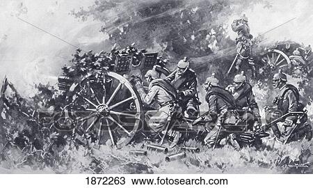 Stock Image - German Field Guns In Action During World War One. A Masked Battery, Screened By Foliage, Opening Fire. From The Illustrated War News Published 1914. Fotosearch