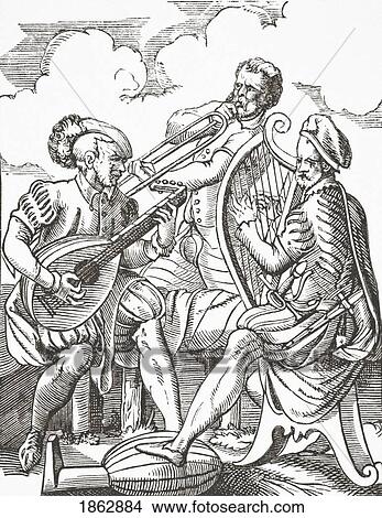 Picture - German Musicians Playing The Lute And Guitar. After A 16Th Century Engraving By Jost Amman. From Science And Literature In The Middle Ages By Paul Lacroix Published London 1878. Fotosearch