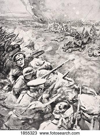 Stock Image - German Troops Charge Against British Trenches 1915 From The War Illustrated Album Deluxe Published London 1916. Fotosearch