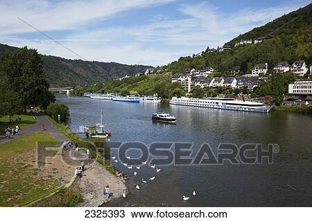 Stock Image - Germany, Rheinland-Pfalz, Boats on River Mosel; Cochem. Fotosearch