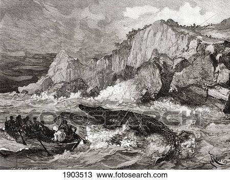 Stock Image - Giant Crocodile Threatens A Boat On The Congo River During A 19Th Century Expedition. From The Book Africa Pintoresca Published 1888.. Fotosearch