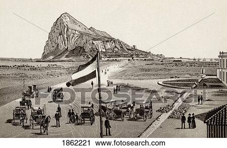Stock Image - Gibraltar From The Spanish Line From Fold-Out Picture Set Views Of Gibraltar Published By Freyone Circa 1890. Fotosearch