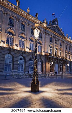 Picture - Gilded Wrought Iron Lantern, Created By Jean Lamou In Front Of The Hotel De Ville (City Hall) On Place Stanislas At Night, Nancy, France. Fotosearch