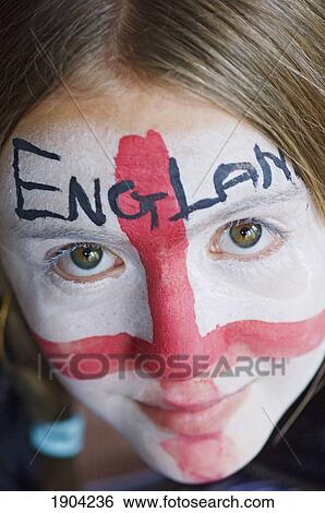 Stock Photograph - Girl (12-13) With Face Painted With Cross Of St George, Portrait. Fotosearch