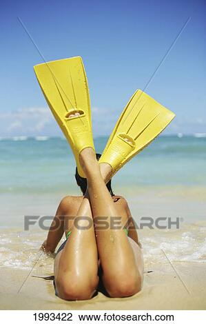 Girl Laying In Shallow Water On A Tropical Beach Wearing Fins, View From Behind View Large Photo Image Stock Image - Girl Laying In Shallow Water On A Tropical Beach Wearing Fins, View From Behind. Fotosearch