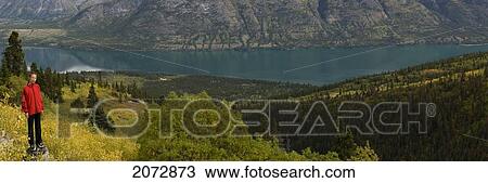 Stock Image - Girl Standing Above Kusawa Lake In Fall, Yukon, Territory, Canada. Fotosearch