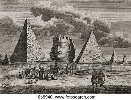 Stock Image - Giza, Egypt. Pyramids And Sphinx As Imagined By 18Th Century Artist. (From 18Th Century Print) Engraved By J. Clark 1735.. Fotosearch