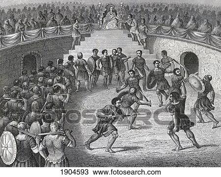 Stock Image - Gladiators Fighting In The Ring In Ancient Rome. From A 19Th Century Engraving.. Fotosearch