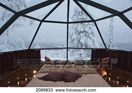 Stock Image - Glass Roofed Igloo Accommodation With A Motorized Rotating Bed At Uitsuvaara Region, Levi, Lapland, Finland. Fotosearch