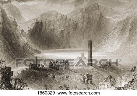 Stock Photo - Glendalough, County Wicklow, Ireland. Drawn By W. H. Bartlett, Engraved By J. T Willmore. From ÃƒÆ’Ã‚Â´The Scenery And Antiquities Of IrelandÃƒÆ’Ã‚Â¶ By N. P. Willis And J. Stirling Coyne. Illustrated From Drawings By W. H. Bartlett. Published London C. 1841.. Fotosearch