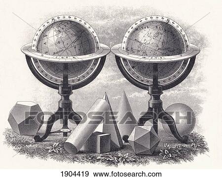 Stock Photo - Globes Of The Earth And The Heavens Surrounded By Geometrical Forms. From A 19Th Century Print.. Fotosearch