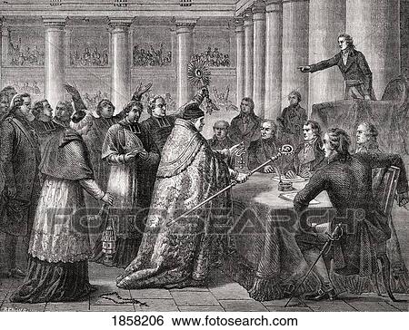 Stock Photograph - Gobel Resigns His Episcopal Office, 1793. Jean-Baptiste-Joseph Gobel, 1727-1794. French Ecclesiastic, Politician And Archbishop Of Paris. Engraved By Launy Marchand After Renaud. From Histoire De La Revolution Francaise By Louis Blanc.. Fotosearch