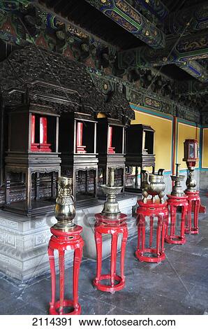 Stock Image - Gold Urns Standing In A Row On Red Tables; Beijing China. Fotosearch