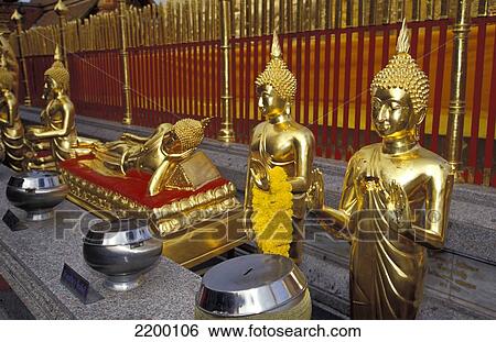 Stock Photograph - Golden Buddha Statues At Buddhist Temple, Wat Phra That Doi Suthep, Atop Of Suthep Mountain Near Chiang Mai, Thailand. Fotosearch