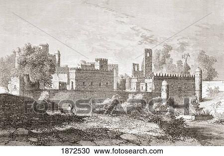 Stock Image - Gondar, Ethiopia. Fasilides Palace Circa 1880. From A 19Th Century Illustration.. Fotosearch