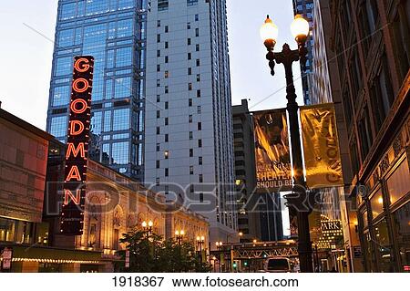 Stock Photo - Goodman Theater At Night, Chicago, Illinois, Usa. Fotosearch