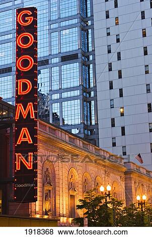 Stock Photo - Goodman Theater At Night, Chicago, Illinois, Usa. Fotosearch