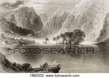 Stock Image - Gougane Barra Lake, County Cork, Ireland. Drawn By W. H. Bartlett, Engraved By S. Bradshaw. From ÃƒÆ’Ã‚Â´The Scenery And Antiquities Of IrelandÃƒÆ’Ã‚Â¶ By N. P. Willis And J. Stirling Coyne. Illustrated From Drawings By W. H. Bartlett. Published London C. 1841.. Fotosearch