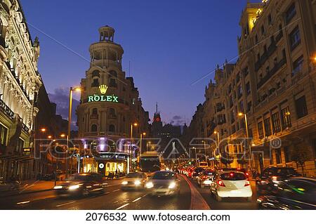 Stock Image - Gran Via At Night; Madrid Spain. Fotosearch