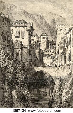 Picture - Granada, Spain. The Banks Of The Darro. Drawn By Gustave Dore. From The Book Spanish Pictures By The Rev Samuel Manning, Published 1870.. Fotosearch