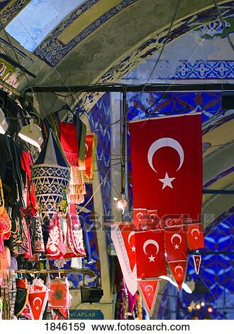 Stock Photo - Grand Bazaar, Istanbul, Turkey; Turkish Flags Hanging In Market Place. Fotosearch