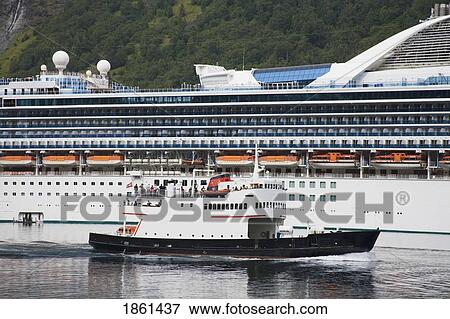 Stock Photo - Grand Princess Cruise Ship And Ferry In Aurlandsfjord, Flam Village, Sognefjorden, Western Fjords, Norway, Scandinavia. Fotosearch