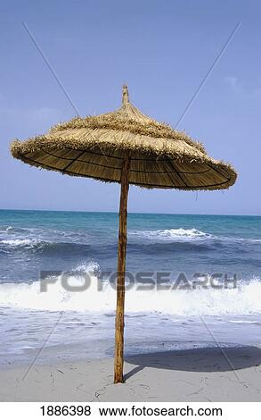 Stock Photo - Grass Roofed Umbrella On Sidi Mahares Beach. Fotosearch