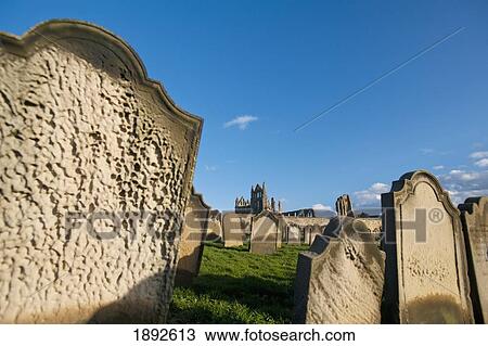Stock Image - Graveyard Of St Mary's Church And Ruins Of Abbey. Fotosearch