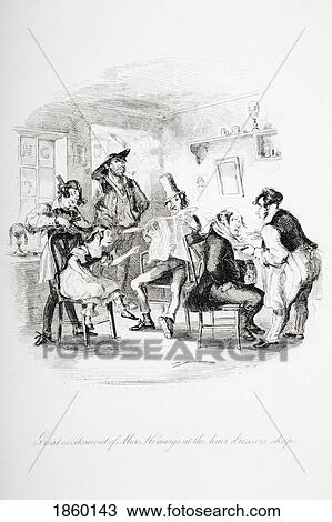 Stock Image - Great Excitement Of Miss. Kenwigs At The Hairdressers Shop. Illustration From The Charles Dickens Novel Nicholas Nickleby By H. K. Browne Known As Phiz. Fotosearch