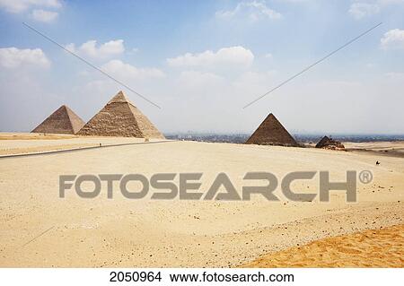 Picture - Great Pyramid Of Khufu (Cheops), Pyramid Of Khafre (Chephren) And Pyramid Of Menkaure (Mycerinus), Giza, Al Jizah, Egypt. Fotosearch