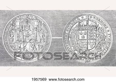 Stock Photo - Great Seal Of King Henry Viii Of England Affixed To The Treaty Of Alliance Of 1527 Between King Henry Viii And King Francis I Of France Against King Charles V Of Spain. From L'univers Illustre Published In Paris In 1868.. Fotosearch