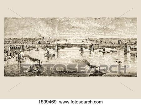 Stock Photo - Great Steel Bridge Crossing Mississippi River At St Louis Missouri In 1870S. From American Pictures Drawn With Pen And Pencil By Rev Samuel Manning Circa 1880. Fotosearch