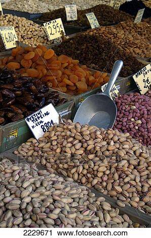 Stock Image - Greece: Athens, Nuts And Dried Fruit For Sale In The Central Market On Athinas Street Copyright Anna Watson/Axiom.. Fotosearch