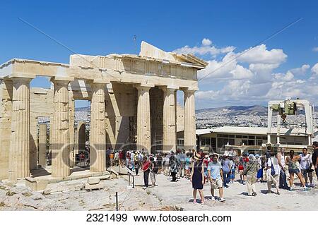 Stock Photo - Greece, Athens, Tourists Walking Around The Historic Ruins Of The Parthenon.. Fotosearch