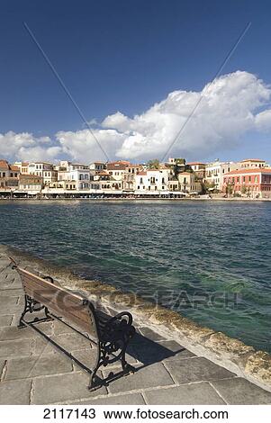 Greece, Crete, Bench overlooking a 16th Century Venetian Harbor. View Large Photo Image Stock Image - Greece, Crete, Bench overlooking a 16th Century Venetian Harbor.. Fotosearch