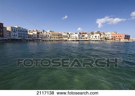 Stock Photo - Greece, Crete, Hania, View of town from a 16th Century Venetian Harbor.. Fotosearch