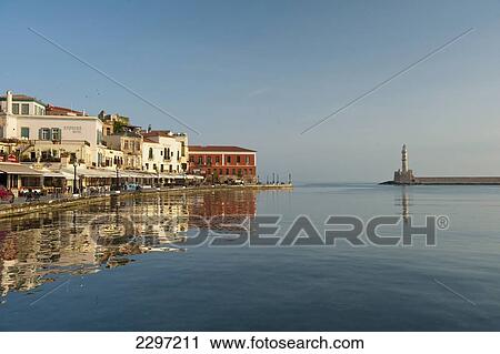 Greece, Crete, View of coastline and harbor at dawn; Chania View Large Photo Image Stock Image - Greece, Crete, View of coastline and harbor at dawn; Chania. Fotosearch