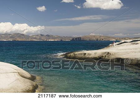 Stock Photo - Greece, Cyclades, Island of Milos, Volcanic formations make up Sarakiniko Beach.. Fotosearch