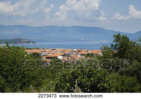 Stock Image - Greece, Halkidiki, sea and mountains; Ierissos, village, Fields. Fotosearch
