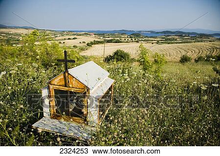 Stock Image - Greece, Halkidiki, Shrine amidst wildflowers; Ouranoupoli. Fotosearch